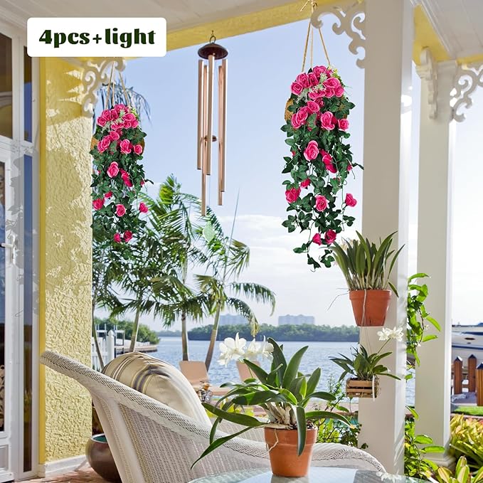 RECUTMS 4 Pack Artificial Plants Fake Hanging Flowers Faux Ivy Vines with LED Fairy Lights Plastic Outdoor UV Resistant for Home Window Garden Office Patio (Rose red)