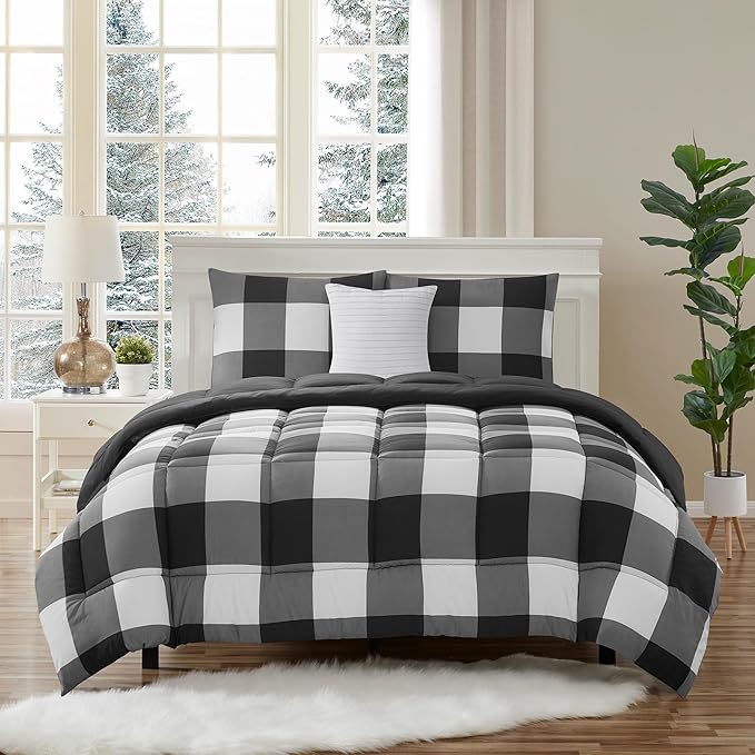 7 Piece Comforter Set Bag Solid Color All Season Soft Down Alternative Blanket & Luxurious Microfiber Bed Sheets, King, Buffalo Plaid Black/White