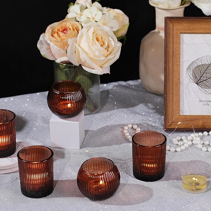 Amber Votive Candle Holders Set of 10, Round Amber Candle Holders Bulk for Tea Light Candle, Fall Centerpieces for Tables, Ribbed Candle Votives for Wedding, Various Parties & Vintage Decor & Gift