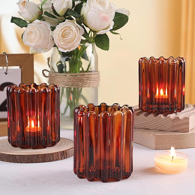 6pcs Votive Candle Holder, Amber Glass Vintage Candle Holders, Tealight Candle Holder for Boho Fall Wedding Centerpieces Dinner Party Table Decor