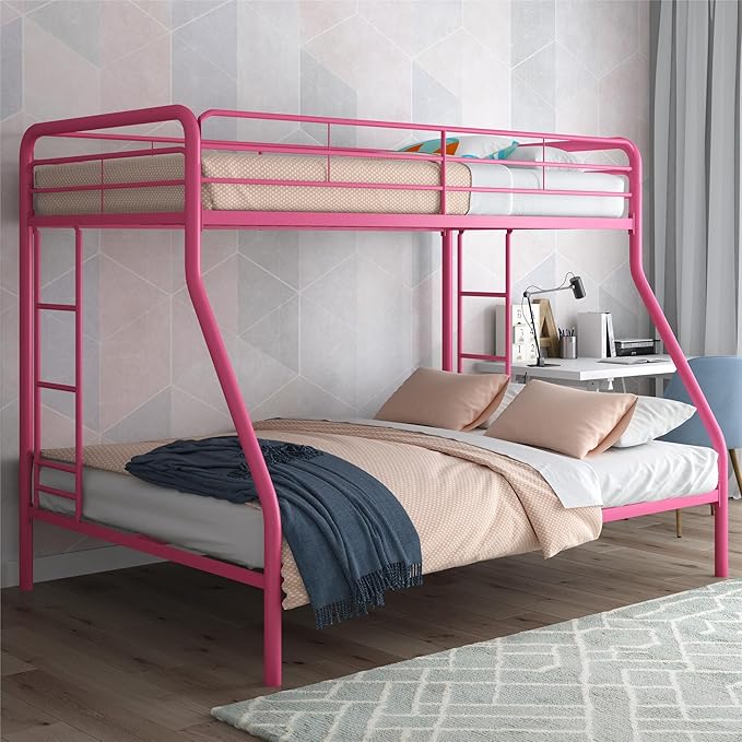 DHP Dusty Metal Bunk Bed Frame, Twin-Over-Full for Kids, Teens, Adults, Angled Ladder, Guardrail, No Boxspring, Small Spaces, Pink