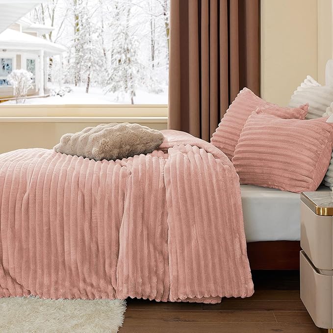 BEDELITE Fleece King Comforter Set -Super Soft & Warm Fluffy Dusty Pink Bedding, Luxury Fuzzy Heavy Bed Set for Winter with 2 Pillow Cases