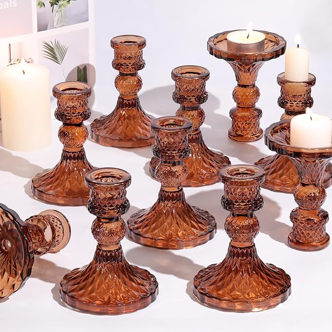 Amber Candle Holder Set of 12, Glass Taper Candle Holders, Amber Candlestick Holders, Candle Stick Holder for Table Centerpieces, Vintage, Home Decor
