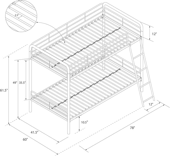 DHP Twin-Over-Twin Bunk Bed with Metal Frame and Ladder, Space-Saving Design, Silver Twin/Twin