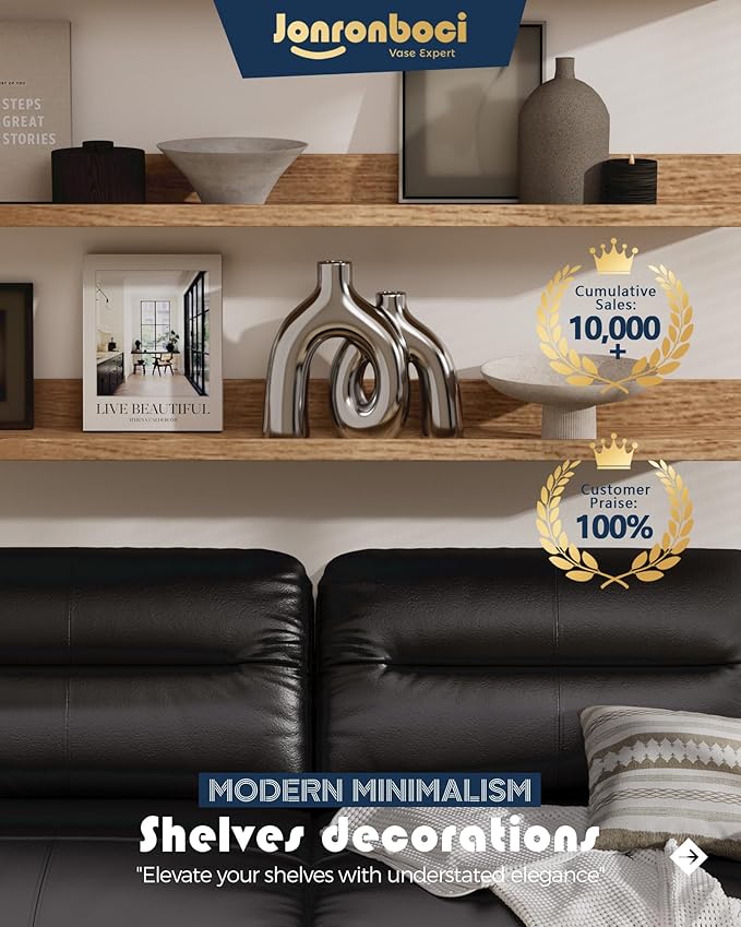 Hug Donut Decorative Vase Set - Silver Vase, Modern Nordic Boho Style Vases Home Decor, Matte Ceramic Decorations for Living Room Shelf, Bookshelf Mantle Entryway Table or Console Décor (Silver)