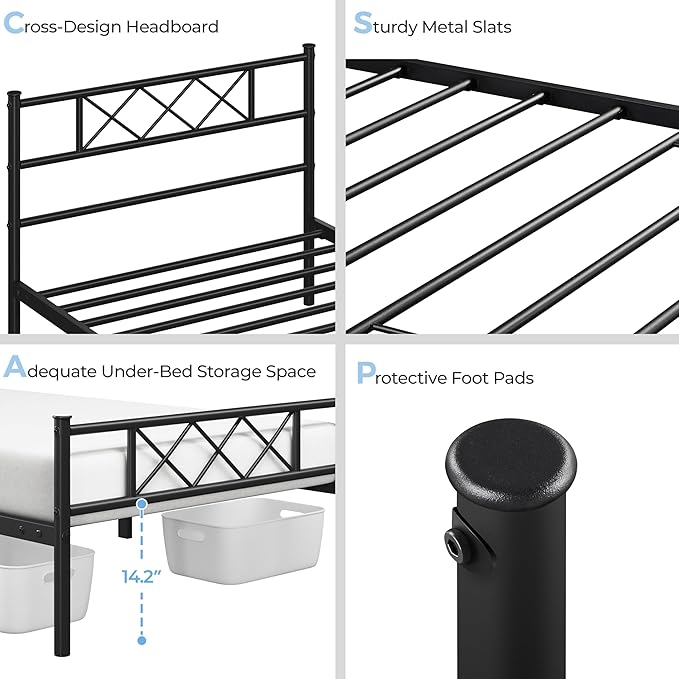 Yaheetech Twin Size Metal Platform Bed Frame with Simple Headboard and Footboard, Mattress Foundation for Under Bed Storage, Steel Slat Support, No Box Spring Needed, Easy Assembly, Black