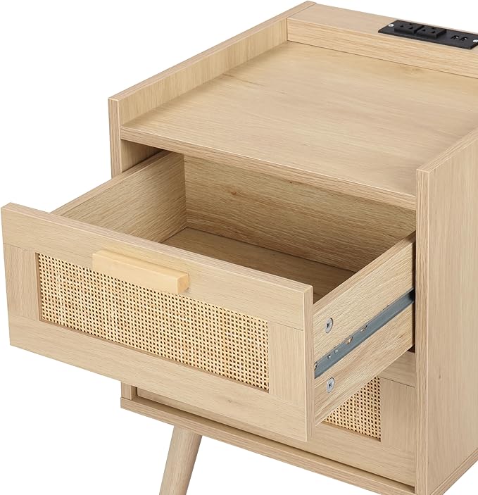 Finnhomy Nightstand with Charging Station, Bedside Table with 2 Hand Made Rattan Decorated Drawers, Night Stand with Storage for Bedroom, Natural, Set of 2