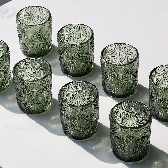 Woho Green Votive Candle Holders Set of 12, Green Glass Tealight Candle Holder for Wedding Party Table Centerpiece, Tea Lights Candle Holder Vintage for Fall Thanksgiving Christmas Decor