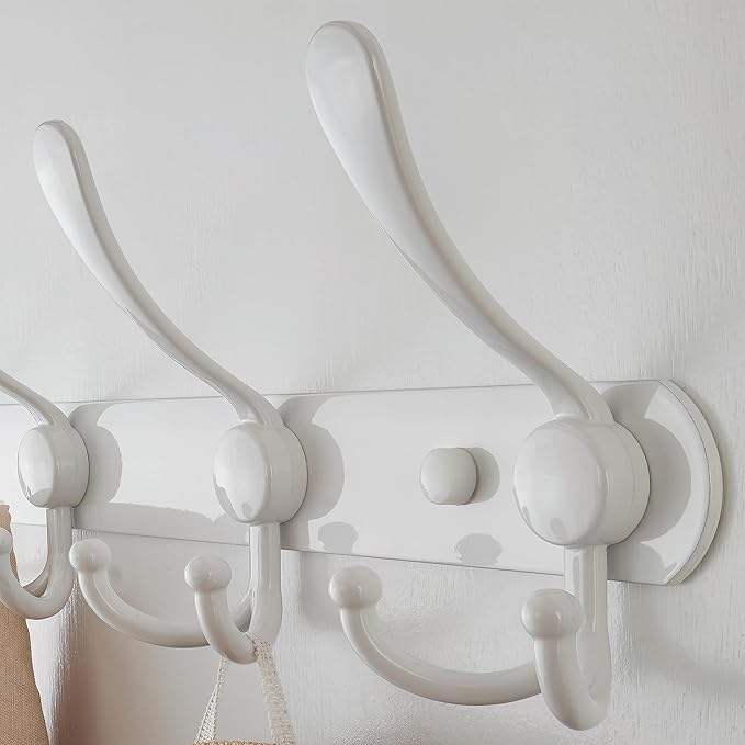Dseap Coat Rack Wall Mount - 38” Long 10-Tri-Hooks Heavy Duty Coat Hanger Rail Wall Hooks for Hanging Coats Hats Clothing Clothes Purse Mudroom Entryway, White, Pack of 2