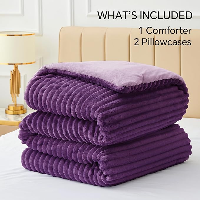 BEDELITE Fleece California King Comforter Set -Super Soft & Warm Fluffy Purple Bedding, Luxury Fuzzy Heavy Bed Set for Winter with 2 Pillow Cases