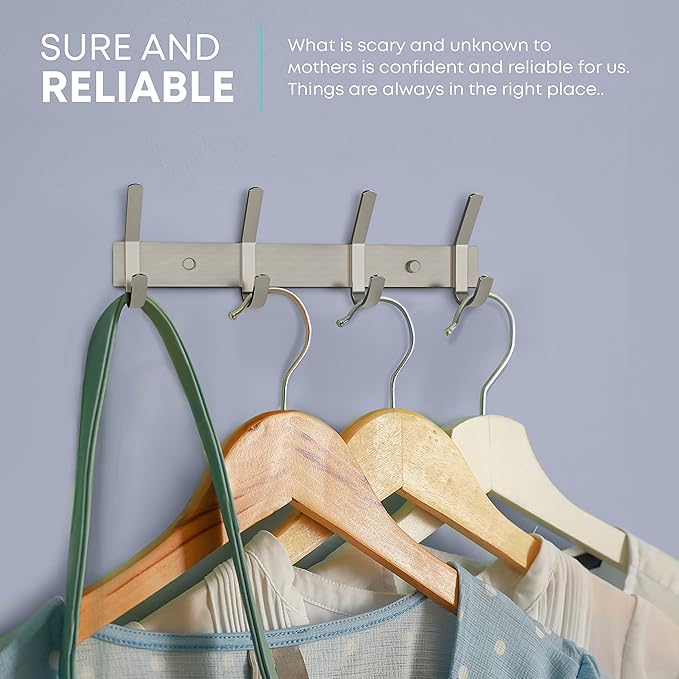 Coat Rack Wall Mount – Brushed Nickel 12 Inch Stainless Steel Hook Rail with 4 Heavy Duty Double Coat Hooks – Wall Mounted Coat Hanger for Entryway, Bathroom, Bedroom, Towel, Hat Organizer