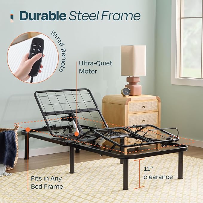 Linenspa Adjustable Bed Frame - Independent Head and Foot Incline - Powerful Quiet Motor - Easy Tool Free Assembly - Lounging - TV - Working - Reading - Ergonomic - Electric Bed Base - Twin XL Size