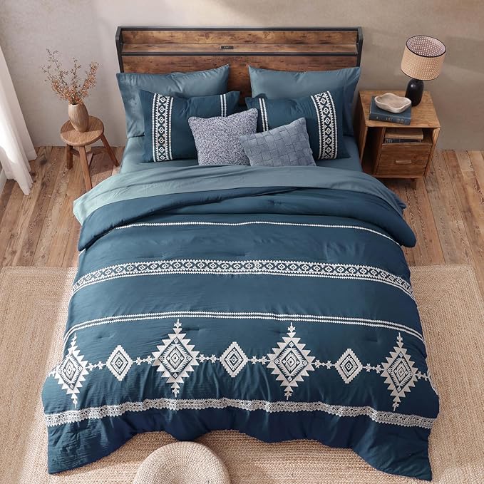 MaiRêve Embroidery Full Size Comforter Set Navy Blue, Farmhouse Western Boho Bedding Set 7 Pieces, All Season Bed in A Bag Comforter Set with Sheets, Pillowcases & Shams