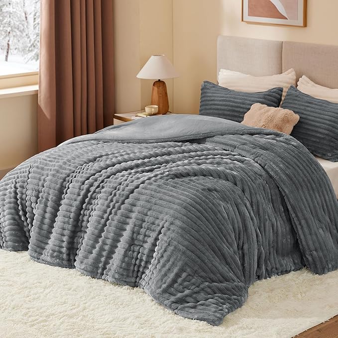 BEDELITE Fleece Queen Comforter Set -Super Soft & Warm Fluffy Grey Bedding, Luxury Fuzzy Heavy Bed Set for Winter with 2 Pillow Cases