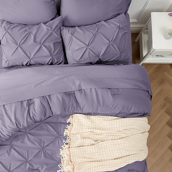 Bedsure Queen Comforter Set - Bed in a Bag Queen Size Bedding 7 Pieces, GentleSoft™ Pintuck Bed Set Gift for Family, Pinch Pleat Grayish Purple Comforter with Sheets, Pillowcases & Shams