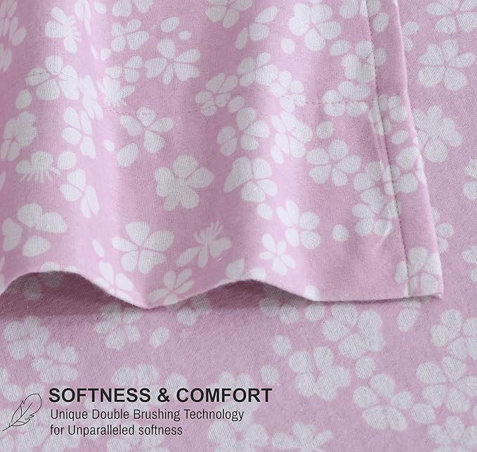 RUVANTI Flannel Sheets Full Size - 100% Cotton Double Brushed Bed Sheets Set, Deep Pockets 16 Inches, All Seasons Breathable & Extra Soft Full Sheets, Warm & Cozy, 4 Piece, Pink Flora