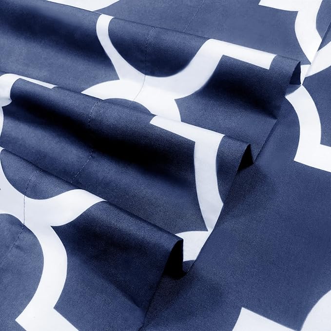 Mejoroom King Bed Sheet Set - Super Soft Brushed Microfiber 1800 Thread Count King Sheets with 15 inch Deep Pocket - Wrinkle Free - 4 Piece(King, Navy Quatrefoil with White Pattern)