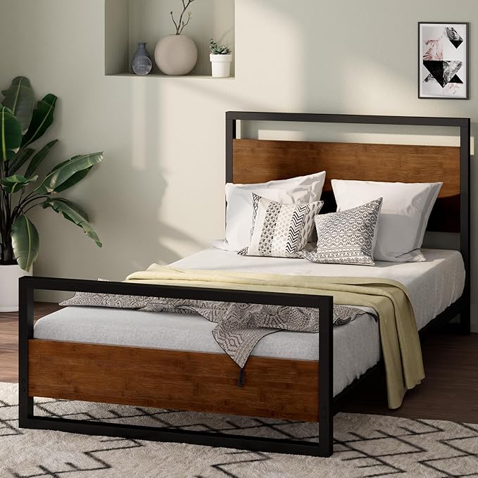 ZINUS Suzanne Bamboo and Metal Platform Bed Frame with Footboard, Wood Slat Support, No Box Spring Needed, Easy Assembly, Twin