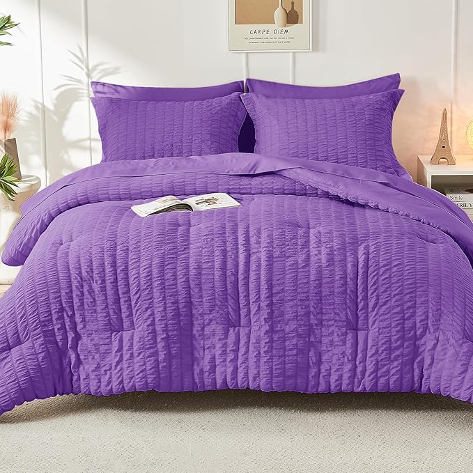HYMOKEGE Dark Purple Twin Comforter Set Seersucker 5 Pieces, All Season Luxury Bed in a Bag for Bedroom, Bedding Set with Comforter, Sheets, Pillowcase & Sham