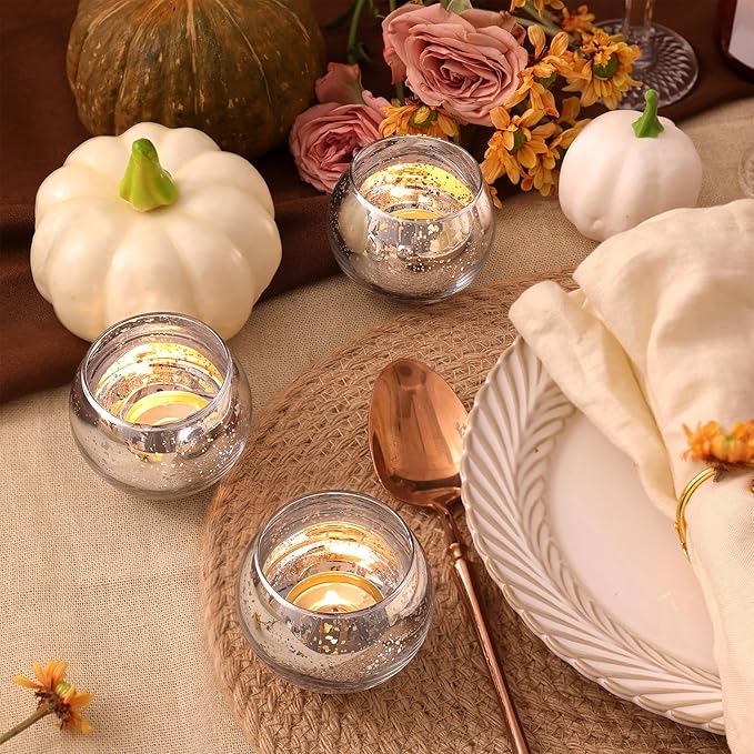 Volens 24PCS Silver Votive Candle Holders for Table Centerpieces, Round Mercury Glass Candle Holders Bulk for Wedding Reception, Birthday, Parties, and Home Decorations