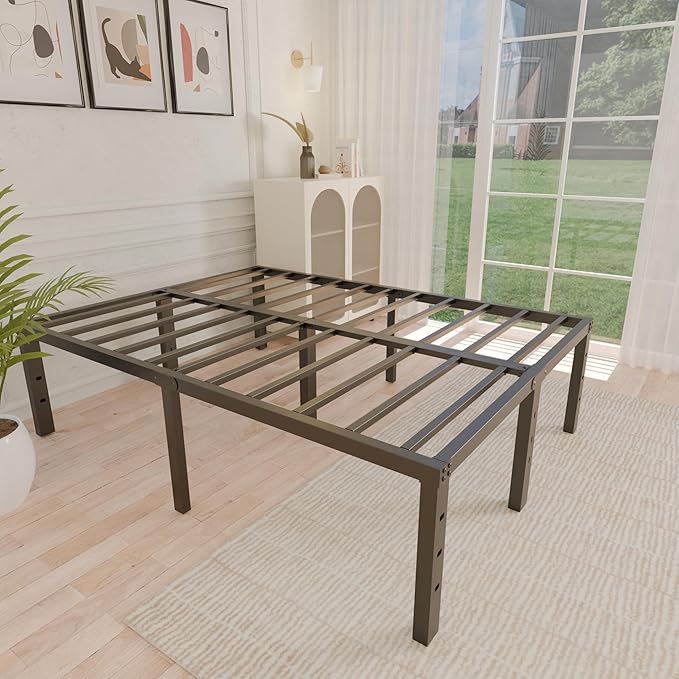 ALDRICH 18 Inch Metal Full Size Bed Frame - Black Basic Steel Slats Platform, Easy Assembly Heavy Duty Noise Free Bedframes, No Box Spring Needed