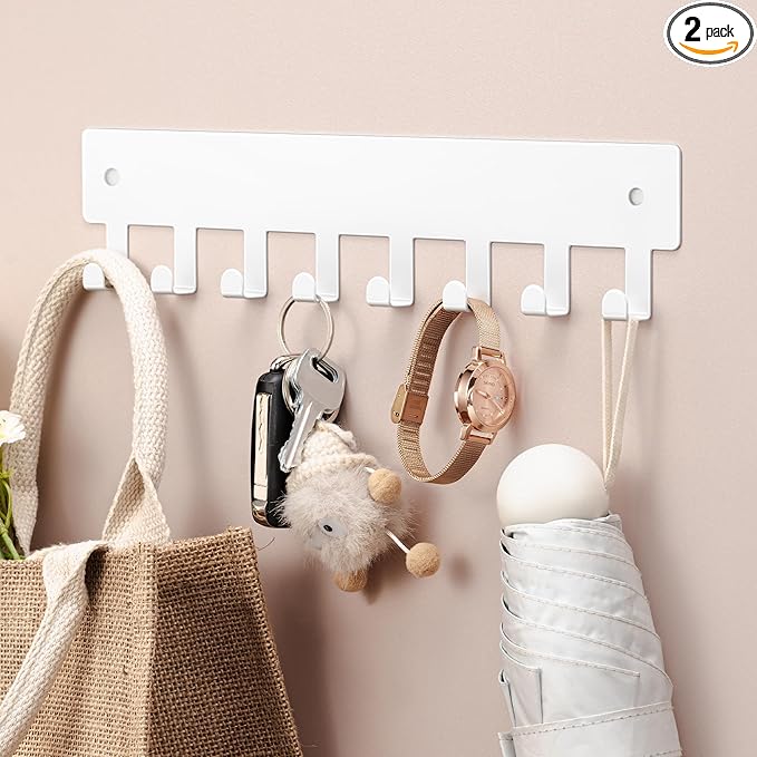 pickpiff 1 Pack Key Holder for Wall Adhesive, Key Hooks with 8 Hooks Wall Mounted, Key Hangers for Decor No Drill for Living Room, Kitchen, Office, White