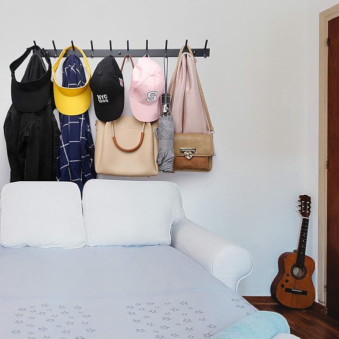 WEBI Coat Rack Wall Mounted,8 Hooks for Hanging Coats,Hook Rack Hook Rail Coat Hanger Wall Mount for Backpack,Clothes,Jacket,Black,2 Packs