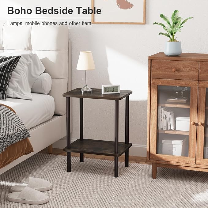 Apicizon 2 Tier End Table, Small Side Table with Solid Wood Legs, Boho Bedside Table with Storage Shelf, Nightstand for Small Spaces, Bedroom, Living Room, Entryway, Easy Assembly, Rustic Oak