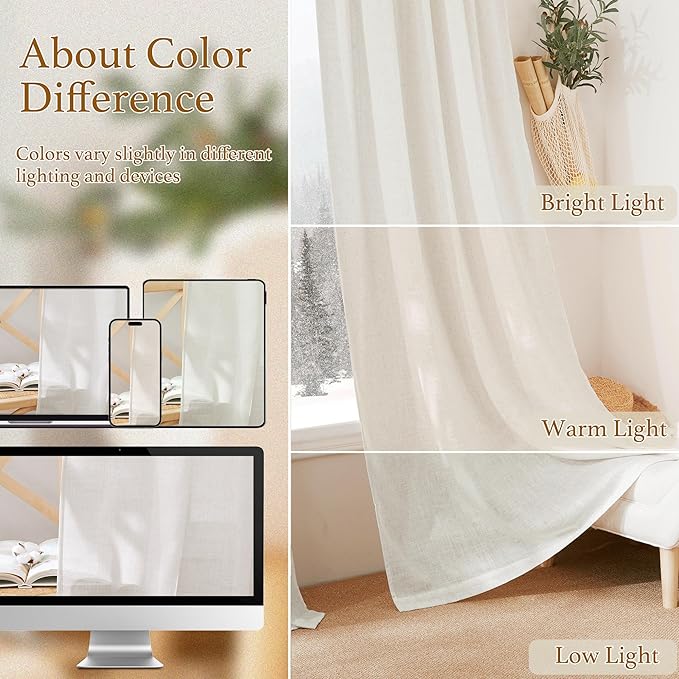 RYB HOME Semi Sheer Curtains 102 inches Long, Light Filtering Half Privacy Durable Window Curtains & Drapes for Bedroom Living Room, Linen, W 52 x L 102 inches, 2 Panels Set