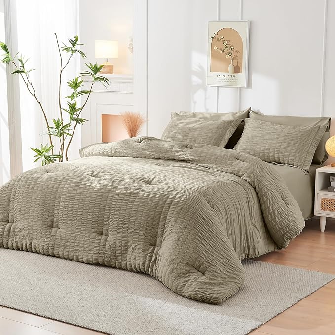 HYMOKEGE Linen Twin XL Comforter Set Seersucker 5 Pieces, All Season Luxury Bed in a Bag for Bedroom, Bedding Set with Comforter, Sheets, Pillowcase & Sham