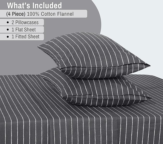 RUVANTI Flannel Sheets Queen Size - 100% Cotton Double Brushed Bed Sheets, Deep Pockets 16 Inches Queen Sheet Set, All Seasons Breathable & Extra Soft - Warm & Cozy, 4 Piece, Pinn Stripe