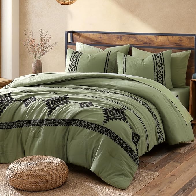 MaiRêve Embroidery King Size Comforter Set Light Olive Green, Farmhouse Western Boho Bedding Set 7 Pieces, All Season Bed in A Bag Comforter Set with Sheets, Pillowcases & Shams
