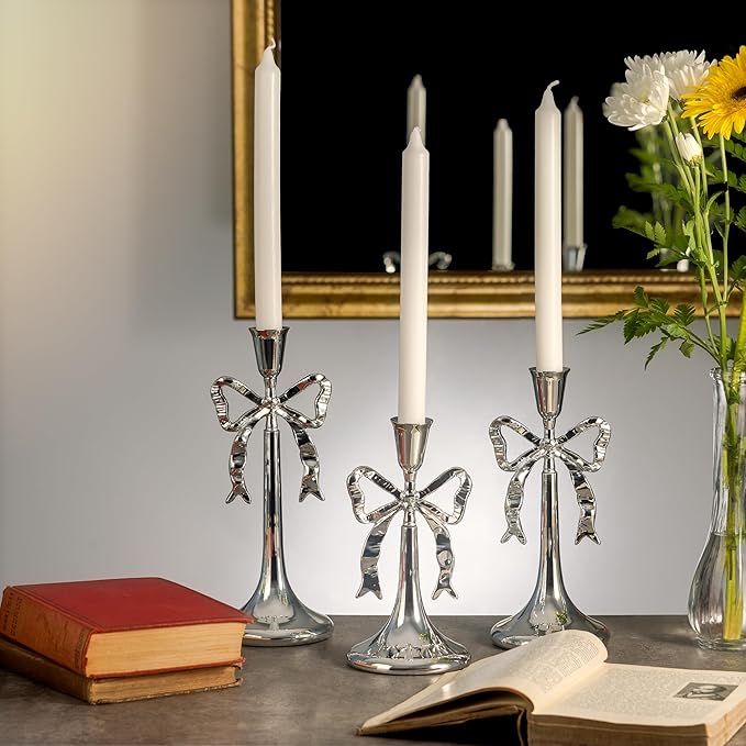 Iris Bow Candle Holders Set of 3, Silver Taper Candlestick Holders, Vintage Decor Perfect for Home Décor Accents, Centerpiece Dining Table Wedding Decor Fireplace Mantel or Housewarming Gift