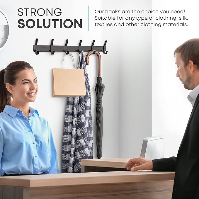 Matte Black Coat Rack Wall Mount – 17 Inch Stainless Steel Hook Rail with 6 Double Coat Hooks – Wall Mounted Entryway Organizer for Coats, Hats, Bags, Towels, Robes, Closet or Bathroom - 2 Pack
