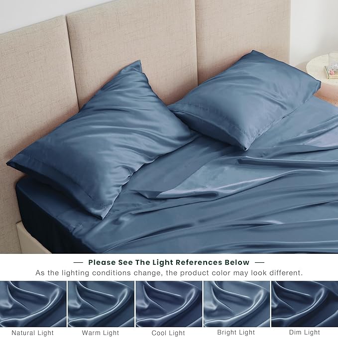 Love's cabin Full Size Satin Sheet Sets - 4 Piece Ash Blue Silky Sheet Set Full with Deep Pocket, Luxury Silk Feel Bed Sheets Full Bedding Set (1 Flat Sheet,1 Fitted Sheet,2 Pillow Cases)