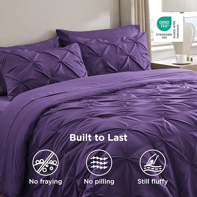 Bedsure Twin Comforter Set Purple - Bed in a Bag Twin Size Bedding 5 Pieces, GentleSoft™ Pintuck Bed Set Gift for Family, Pinch Pleat Purple Comforter with Sheets, Pillowcase & Sham