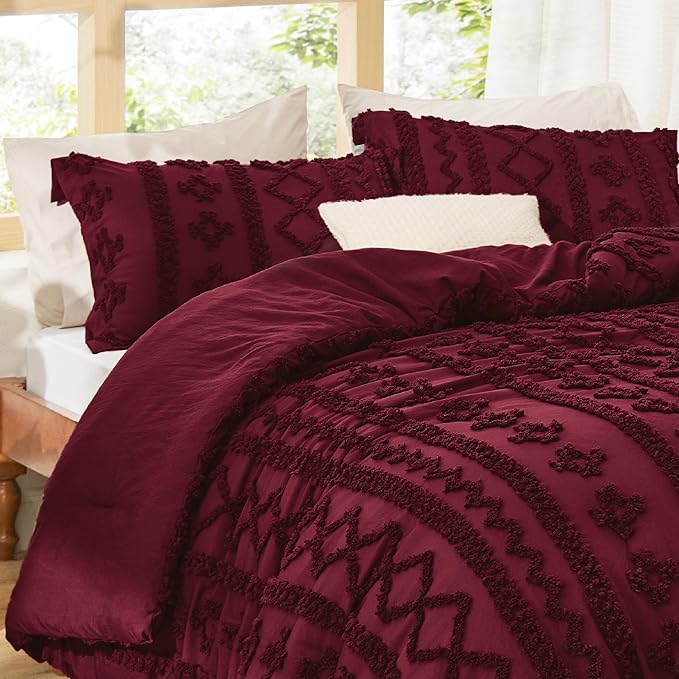 Bedsure Tufted Boho Comforter Set Queen Size - Dark Red Boho Bed Set, GentleSoft™ 3 Pieces Farmhouse Shabby Chic Embroidery Bedding, Gifts for Woman, Soft Jacquard Queen Comforter for All Seasons