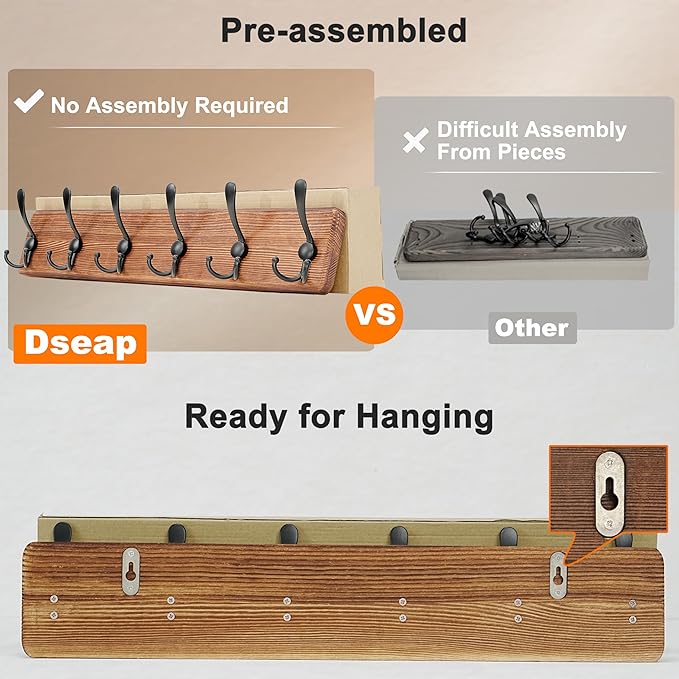 Dseap Coat Rack Wall Mounted - 24" Long 6 Tri Hooks, Heavy Duty Wooden Wall Coat Hanger Coat Hook for Clothes Hat Jacket Clothing, Natural and Black, Pack of 2