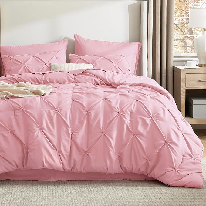 Bedsure Twin Comforter Set Baby Pink - Bed in a Bag Twin Size Bedding 5 Pieces, GentleSoft™ Pintuck Bed Set Gift for Family, Pinch Pleat Pink Comforter with Sheets, Pillowcase & Sham