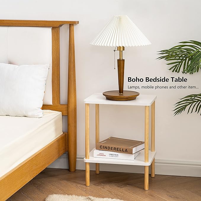 Apicizon 2 Tier End Table, Small Side Table with Solid Wood Legs, Boho Bedside Table with Storage Shelf, Nightstand for Small Spaces, Bedroom, Living Room, Entryway, Easy Assembly, White+Natural