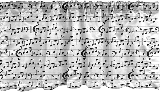 Ambesonne Music Window Valance Pack of 2, Abstract Style Professional Pattern Notes and Clef Sheet Play Writing Print, Rod Pocket Curtain Valances for Kitchen Bedroom, 42" X 18", Black White