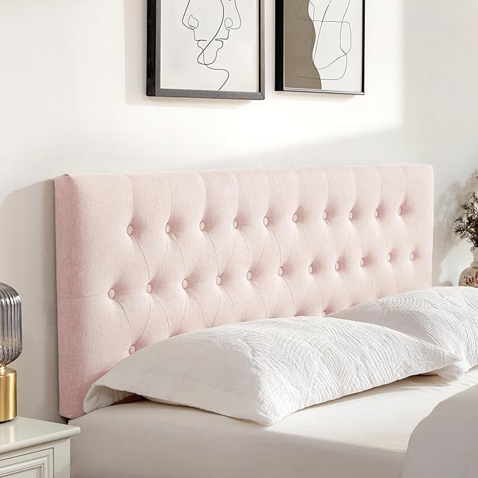 Tufted Upholstered Headboard Full Size, Solid Wood Head Board with Durable Metal Legs, Adjustable Height Bed headboard from 37” to 51” Fabric Headboard in Modern Button Design, Pink