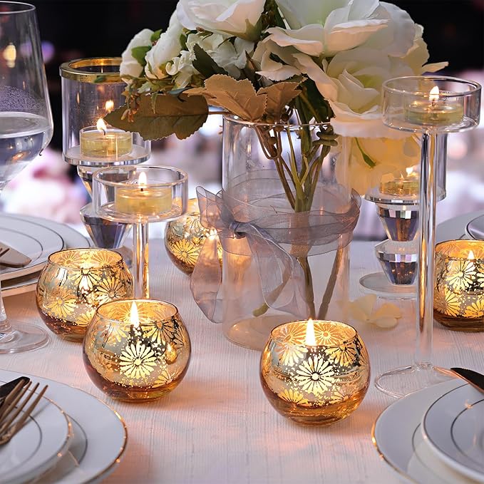 Gold Mercury Glass Votive Candle Holders Set of 12, Round Tealight Candle Holders Bulk for Table Centerpieces, Weddings, Shower Gifts, Christmas, Halloween Party Decorations