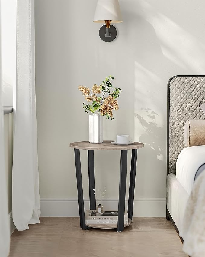 VASAGLE Round Side End Table, 2-Tier Accent Bedside Table with Storage Shelf, Easy Assembly, Nightstand for Small Spaces, Living Room, Bedroom, Heather Greige and Ink Black ULET057B02