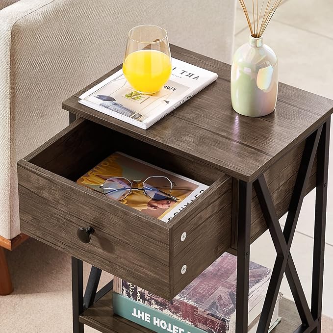 VECELO Nightstands Set of 2, Modern Bedside End Tables, Night Stands with Drawer and Storage Shelf for Living Room Bedroom, Industrial Metal Frame