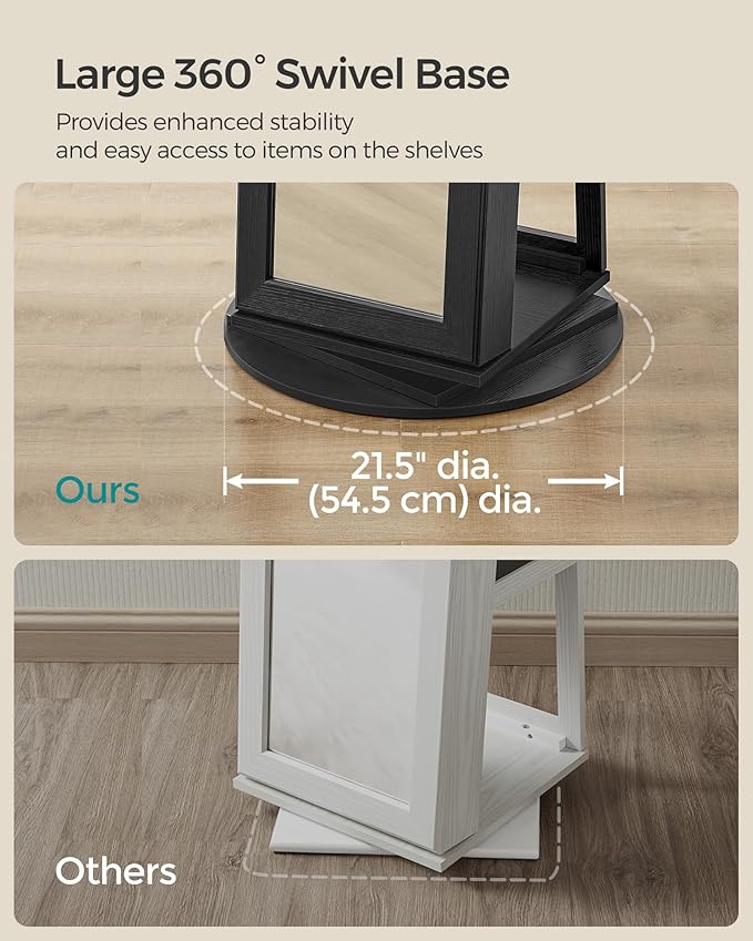 SONGMICS 360° Swivel Jewelry Cabinet, Lockable Jewelry Organizer with Full-Length Mirror, Rear Storage Shelves, Interior Mirror, Jewelry Armoire, Christmas Gifts for Women, Gift Idea, Black UJJC006B01