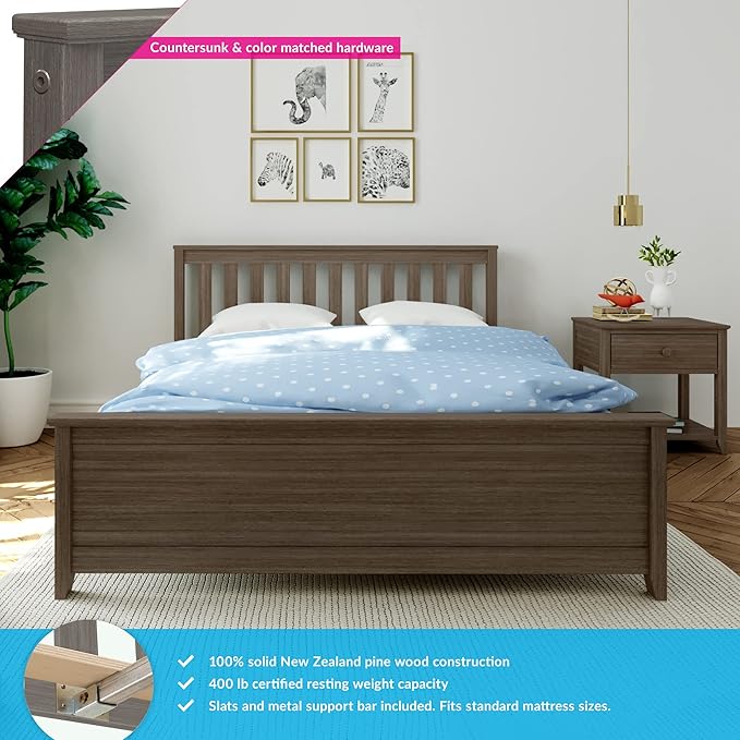 Max & Lily Queen Bed Frame with Slatted Headboard, Solid Wood Platform Bed for Kids, No Box Spring Needed, Easy Assembly, Clay