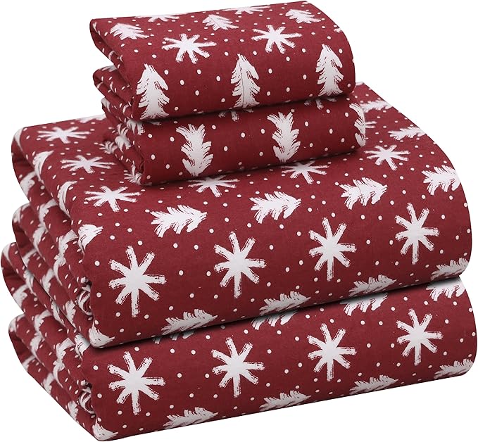 RUVANTI Flannel Sheets King Size - 100% Cotton Brushed King Size Sheets Set - Deep Pockets 16 Inches Bed Sheets - All Seasons Breathable & Extra Soft - Warm & Cozy, 4 Piece, Red Christmas