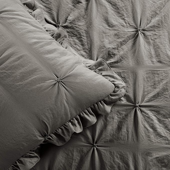 Lush Decor Ravello Pintuck Ruffle Skirt Bedspread Set - Luxe 2 Piece Ruffled Bedding Set - Traditional Glam & Farmhouse Inspired Bedroom Decor - Twin, Dark Gray