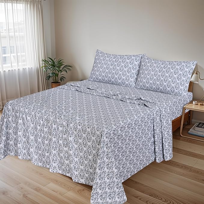 RUVANTI Flannel Sheets Full Size - 100% Cotton Double Brushed Bed Sheets Set, Deep Pockets 16 Inches, All Seasons Breathable & Extra Soft Full Sheets, Warm & Cozy, 4 Piece, Damask
